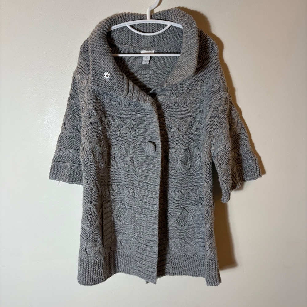 Chico's 3 (XL) Shawl Collar Cable Knit Short Sleeve Cardigan Gray Button Front